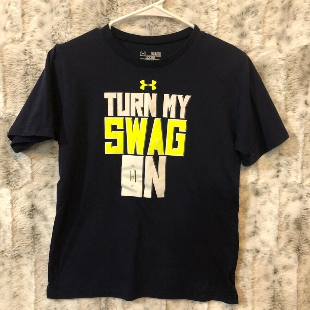 Under Armour Tee Shirt Sz Youth Medium Navy Boys "Turn My Swag On" Short Sleeve